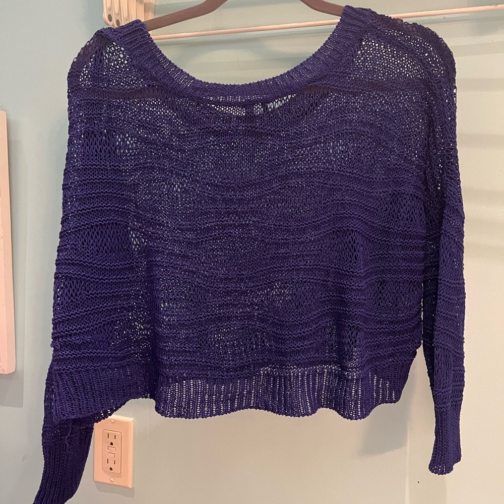 Top cropped sheer cotton delicate stylish Blue 3/4 sleeve